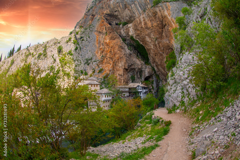 Small village Blagaj on Buna spring and waterfall in Bosnia and Herzegovina
