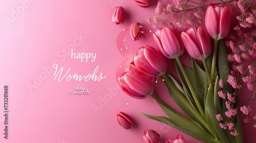 Happy Womens day 8 march banner with tulips on pink background photo