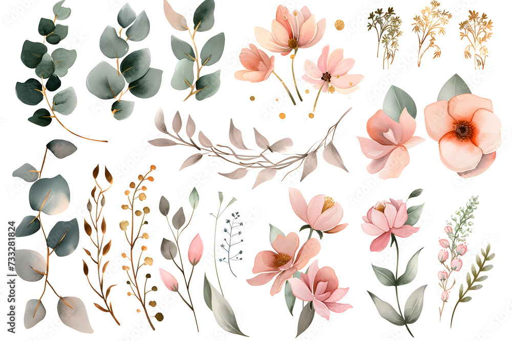 Design elements dusty pink and gold flowers, leaves, eucalyptus, branches Watercolor set