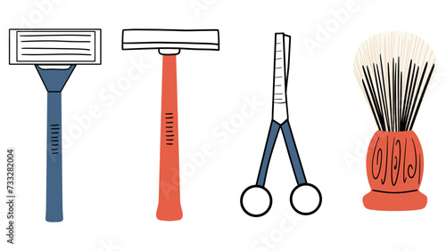 A set of men's shaving accessories.  Scissors, brush, razors. Vector illustration in hand drawn style