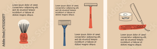 Set of templates about men's shaving. Men's personal care products. Vector illustration in hand drawn style