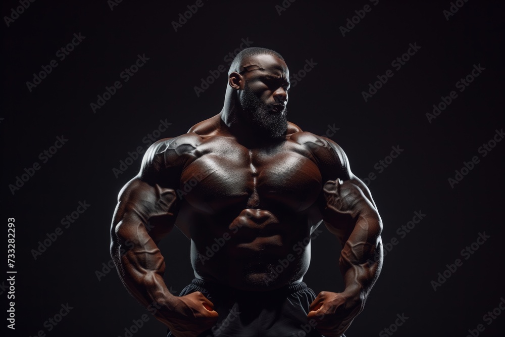 A Muscular Bodybuilder athlete Posing Confidently man in a Dark Studio Setting A Muscular Bodybuilder athlete Posing Confidently man in a Dark Studio Setting
