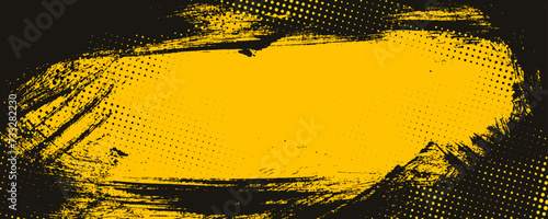 Retro vintage background with halftone overlay and grunge frame. Yellow and black banner with grunge smears.