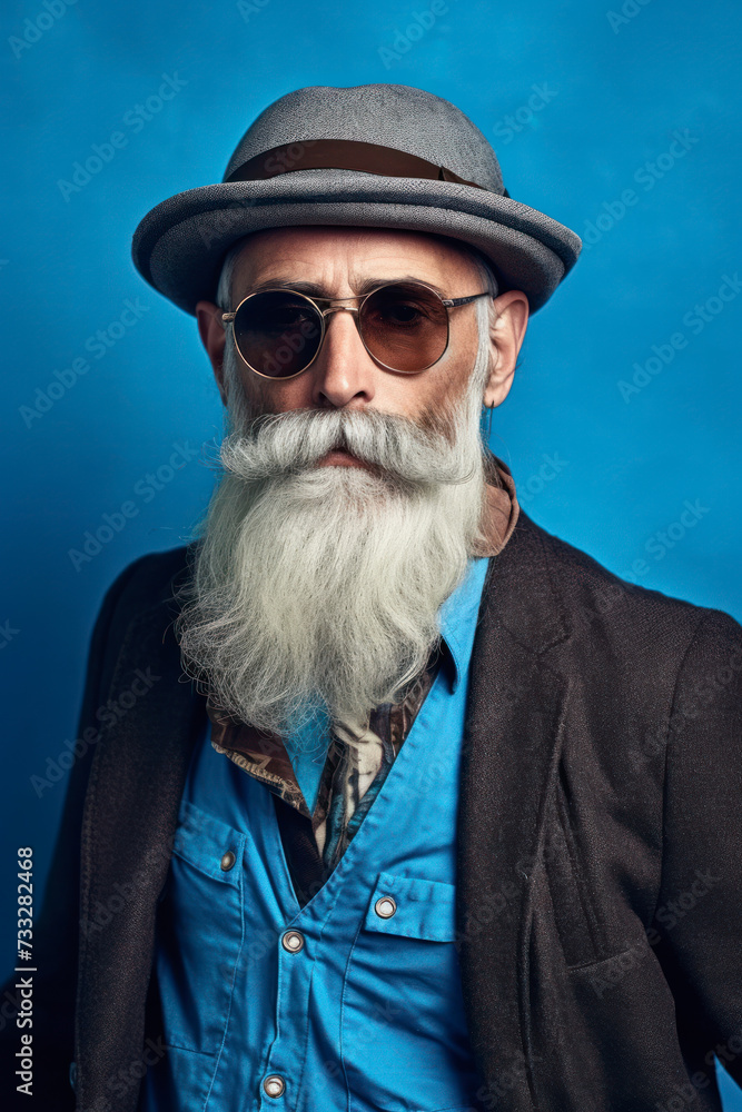 Senior man with long white beard wearing sunglasses and hat standing against blue background Senior man with long white beard wearing sunglasses and hat standing against blue background