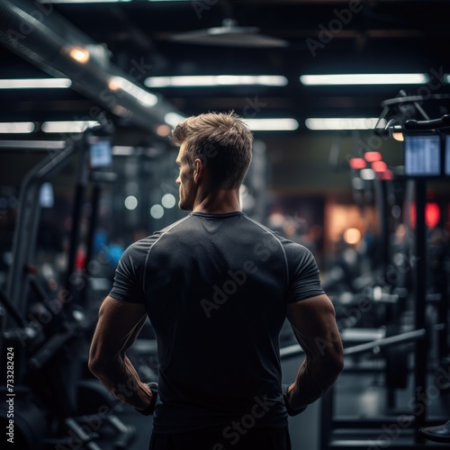 view from behind of a Tenacious Athlete Training Alone in a Well-Organized Gym with Ambient Lighting During a Late-Night Workout