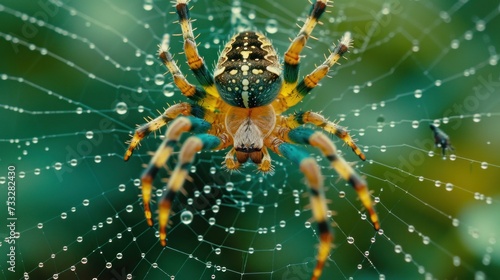 a close up of a spider on a web with drops of water on it's back and a blurry background. © Jevjenijs