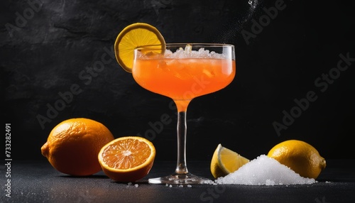 A glass of orange juice with a slice of orange and a lemon