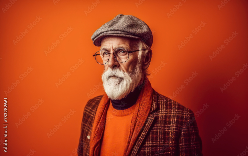 Senior man with long white beard wearing eyeglasses and hat standing against orange background