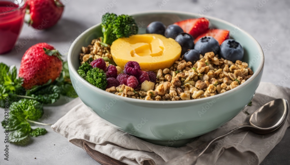A bowl of granola with fruit and yogurt A bowl of granola with fruit and yogurt
