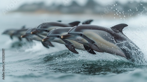 a group of dolphins riding on top of a wave on top of a body of water with trees in the background. © Jevjenijs