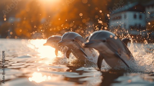 three dolphins swimming in a body of water with the sun shining through the trees and buildings in the back ground. photo
