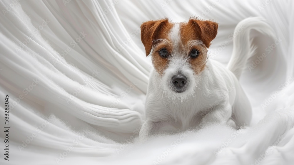 a small brown and white dog sitting on top of a bed covered in white draps with a sad look on its face. a small brown and white dog sitting on top of a bed covered in white draps with a sad look on its face.
