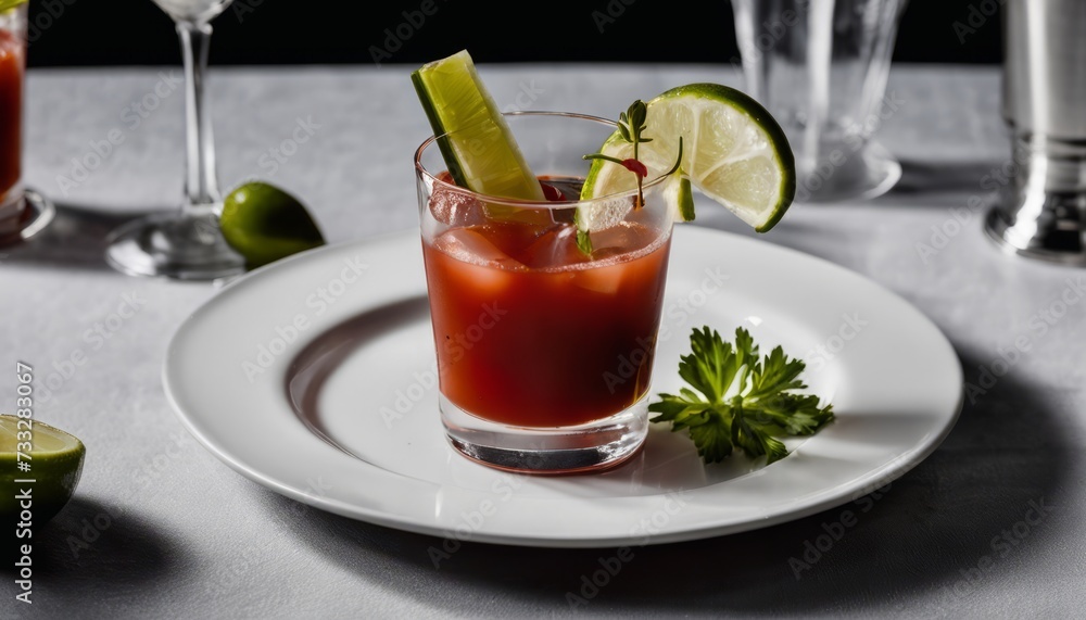 A glass of red juice with a slice of lime and a sprig of parsley on a white plate A glass of red juice with a slice of lime and a sprig of parsley on a white plate