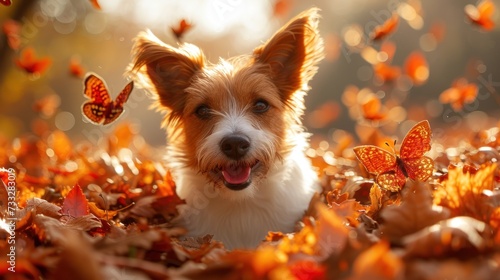 a brown and white dog laying on top of a pile of leaves with a butterfly in the air next to it. photo