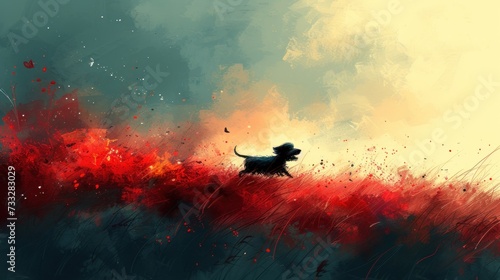 a painting of a dog standing in a field of grass with red flowers in the foreground and a yellow sky in the background. photo