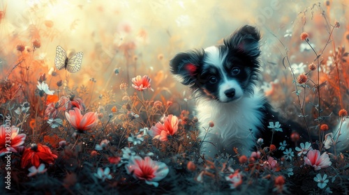a black and white dog sitting in a field of flowers with a butterfly on it's head and a butterfly on its nose.