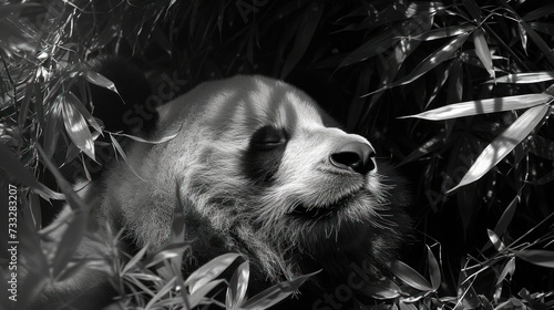 a black and white photo of a sloth sleeping in the leaves of a tree in a black and white photo. photo