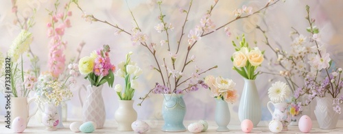 A Serene Spring Backdrop Featuring Pastel Flowers and Delicate Easter Eggs