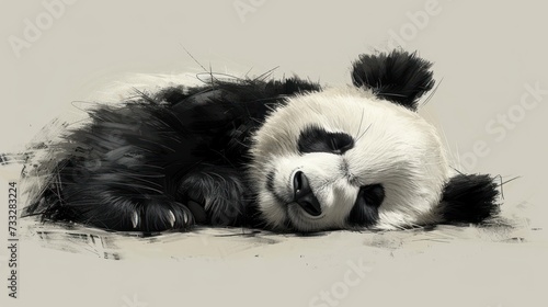 a black and white panda bear laying on its back with it's head on top of it's back. photo