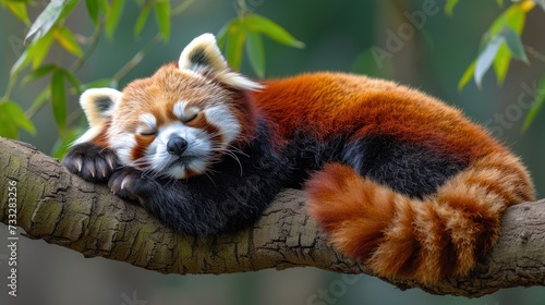 a red panda sleeping on a tree branch with its head resting on the tree branch with its eyes closed and it's eyes closed. photo