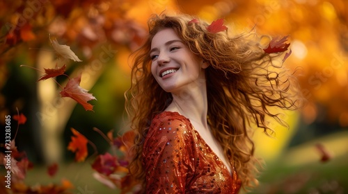 Joyful woman enjoying autumn, playful mood in golden leaves. vibrant fall scene, lively outdoor portrait. expressive happiness captured in nature. AI