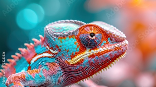 a close up of a colorful chamelon on a branch with blurry boke of light in the background. © Jevjenijs