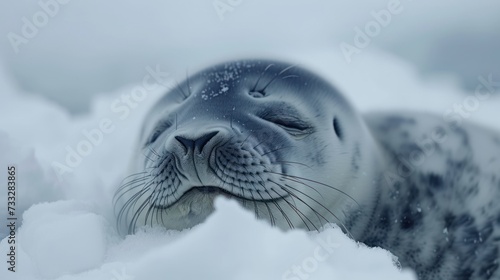 a close up of a seal in the snow with it's eyes closed and it's head resting on the snow. photo