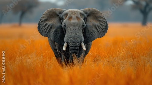 an elephant with tusks walking through a field of tall grass with trees in the back ground and foggy sky in the background.