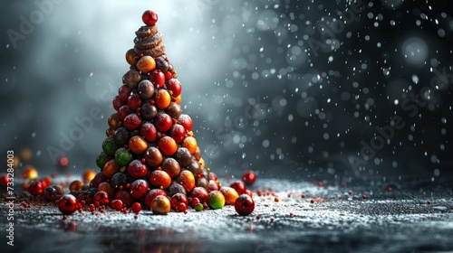 a christmas tree made out of candy is shown in the middle of a dark background with snow falling on it. photo