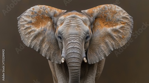 a close up of an elephant's face with dirt all over it's skin and tusks.