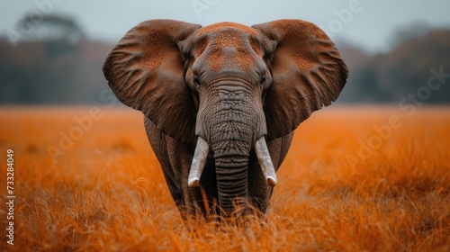 an elephant with tusks standing in a field of tall grass and looking at the camera with a hazy sky in the background.