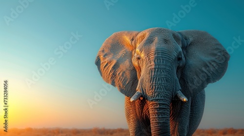 an elephant standing in the middle of a field with the sun shining down on it's head and tusks. © Jevjenijs