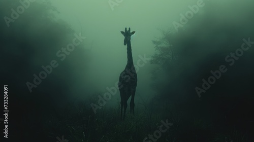 a giraffe standing in the middle of a forest on a foggy day with trees in the background.