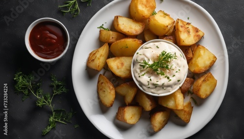 A plate of potatoes with a dip in a bowl