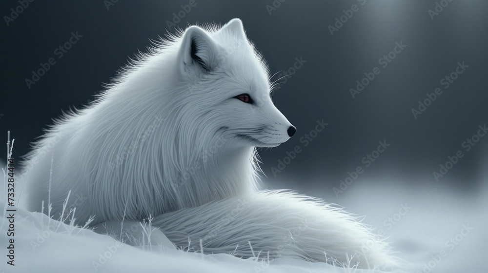 a white fox sitting on top of a snow covered ground next to a forest filled with lots of tall grass.