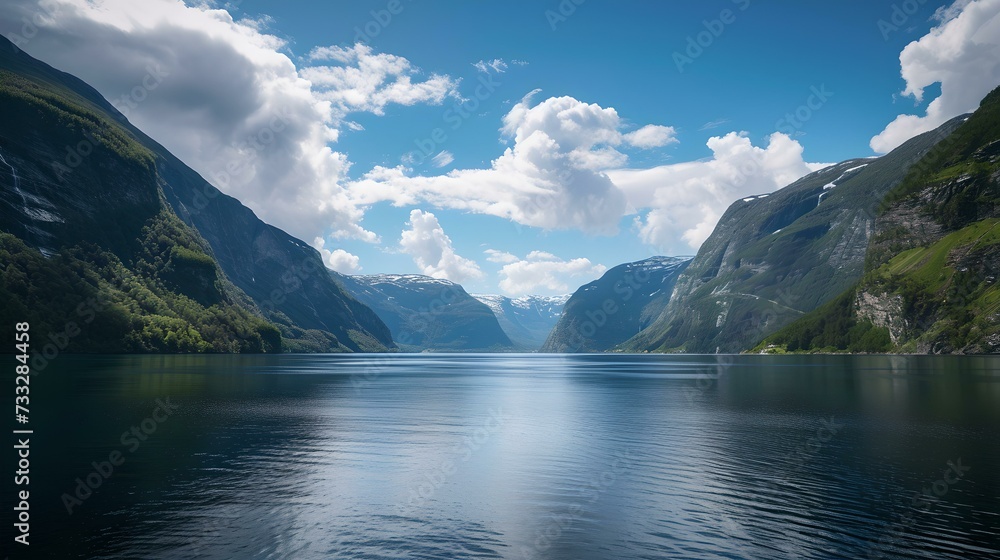 Serene lake scene with lush green mountains and clear blue sky. perfect for nature backgrounds. AI