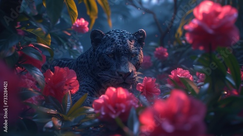 a close up of a leopard in a field of flowers with red flowers in the foreground and a blue sky in the background.