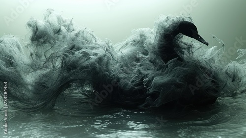 a black swan floating on top of a body of water next to a lush green forest filled with clouds of smoke. photo