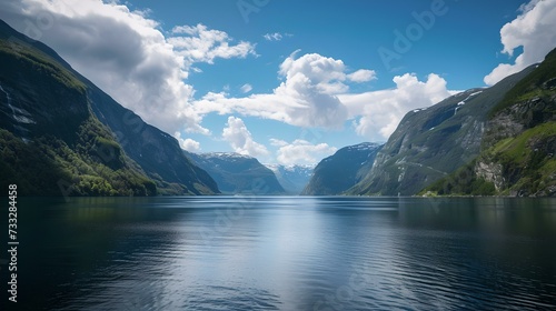 Serene lake scene with lush green mountains and clear blue sky. perfect for nature backgrounds. AI © Irina Ukrainets
