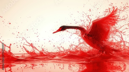 a red bird floating on top of a body of water next to a body of water covered in drops of water. photo