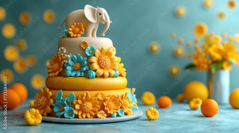 a three tiered cake decorated with flowers and an elephant figurine sitting on top of a table surrounded by yellow and blue flowers. a three tiered cake decorated with flowers and an elephant figurine sitting on top of a table surrounded by yellow and blue flowers.
