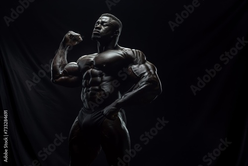 Muscular athlete Bodybuilder Flexing Muscles in the Dark 