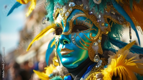 Colorful carnival mask in a sunshine, festive atmosphere captured. celebratory event style. elegance and mystery in one. AI