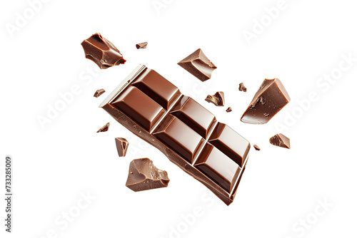 Chocolate bar wafer falling with choc flake in the air isolated on background, peanut crispy snack, dessert sweet concept, piece of dark chocolate. photo