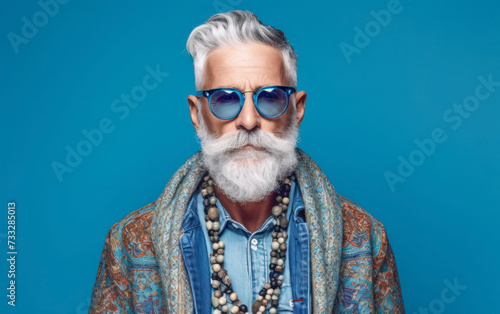 Senior man with long white beard wearing sunglasses and hat standing against blue background