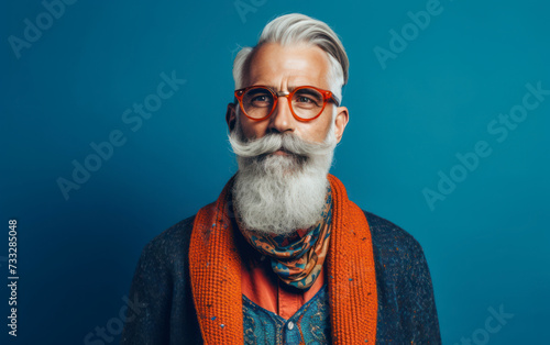 Senior man with long white beard wearing eyeglasses standing against blue background