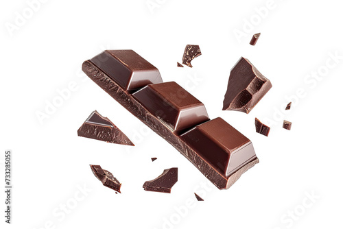Chocolate bar wafer falling with choc flake in the air isolated on background, peanut crispy snack, dessert sweet concept, piece of dark chocolate.