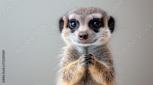 a meerkat standing on its hind legs with its front paws on it's hind legs, looking at the camera.