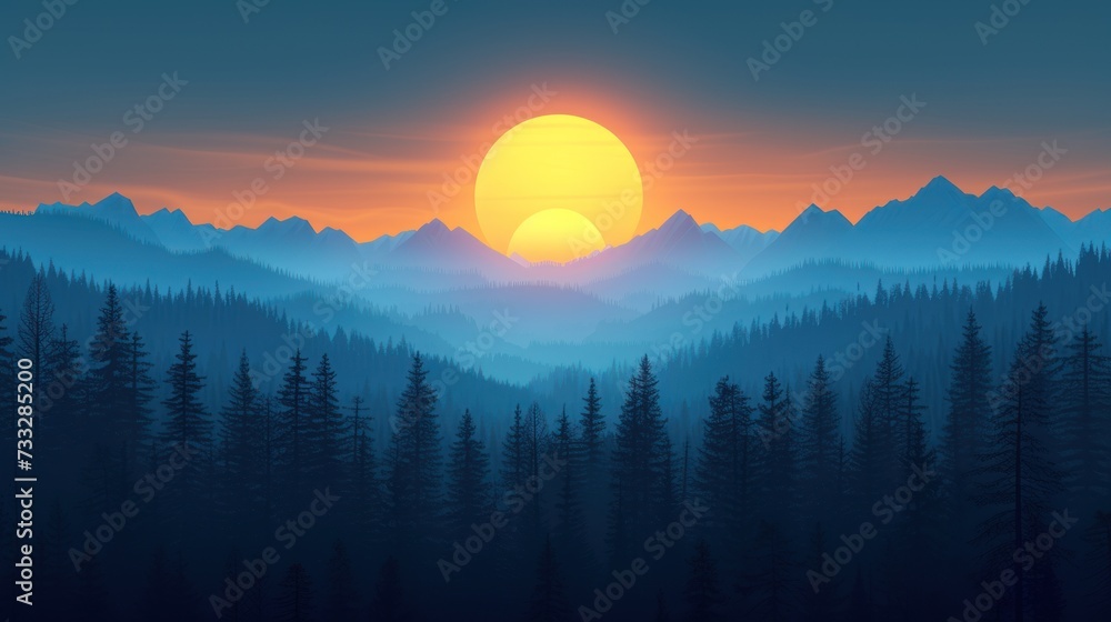 a painting of the sun setting over a mountain range with trees in the foreground and mountains in the background.
