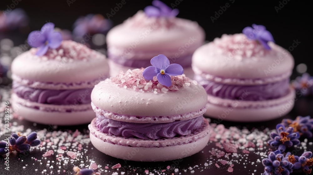 a group of macaroons with purple frosting and purple flowers on top of each macaroons is surrounded by purple and white sprinkles.